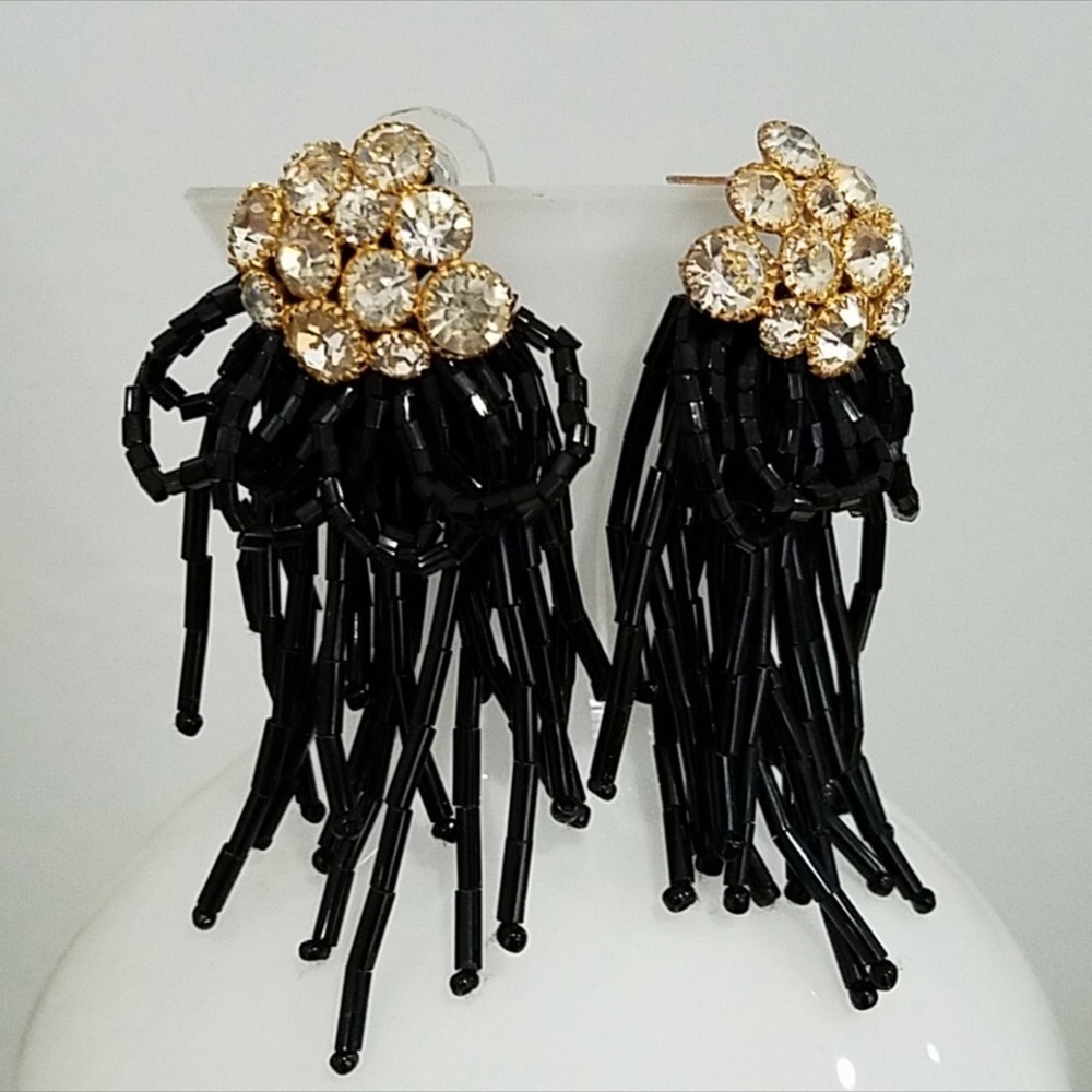 VINTAGE GEM WITH BLACK BEAD FRINGE EARRINGS